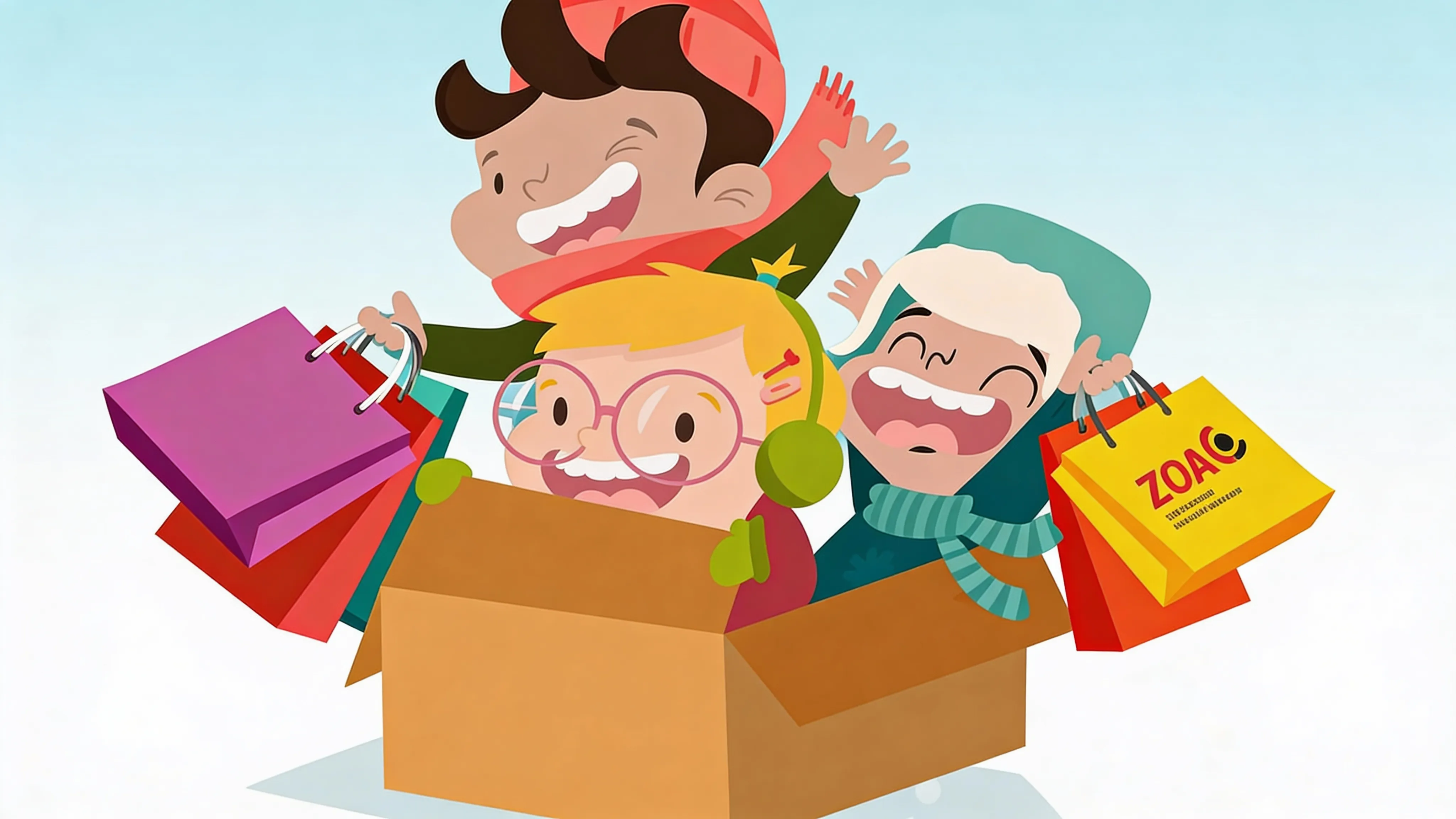 Vrolijke illustratie van kinderen met boodschappentassen